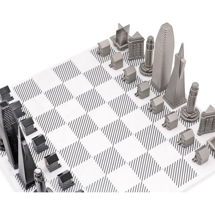 San Francisco Edition Stainless Steel Chess Set with Marble Hatch Board - Image 3